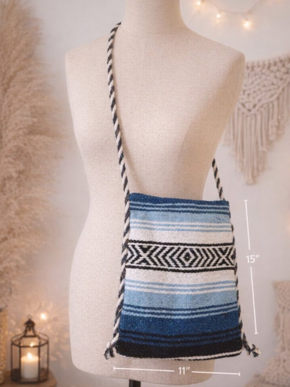 Molina Indian Shoulder Bag Boho Woven Geometric Southwest Festival Tribal Blue